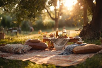 Boho chic picnic setup with low tables and cushions