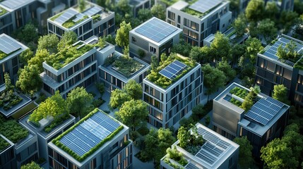 Aerial view of modern buildings with rooftop gardens and solar panels surrounded by lush greenery, showcasing sustainable urban architecture.