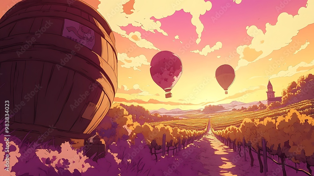 Canvas Prints A vineyard with hot air balloons and a sunset sky.