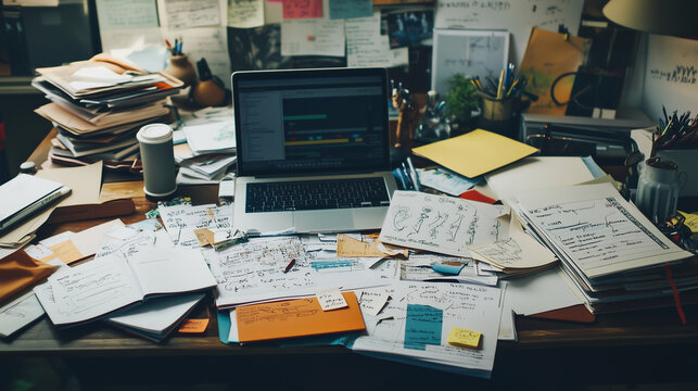 Creative Chaos on Desk - Brainstorming in Progress