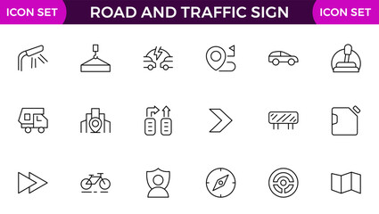 Road and traffic line icons collection. Street, transport, fuel, vehicle, location, car service icons. UI icon set. Thin outline pack. Way direction arrow sign. Roadsigns. Outline icon collection.