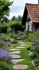 Winding stone path leads through a lush garden filled with colorful blooms and greenery