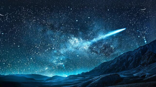 Starlit night view over mountains with a bright comet soaring through the sky