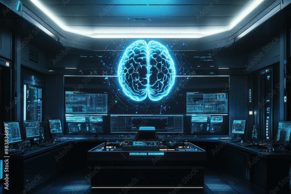 Poster a high-tech laboratory where a holographic brain strand is display platform