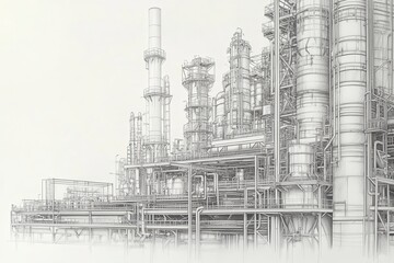 Obraz premium Detailed illustration of an industrial refinery with complex pipelines and towers, highlighting the intricate architecture of modern industry.