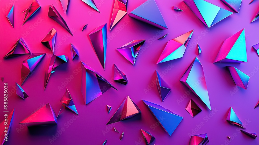 Poster abstract geometric pattern with pink and blue triangle shapes on a magenta background.