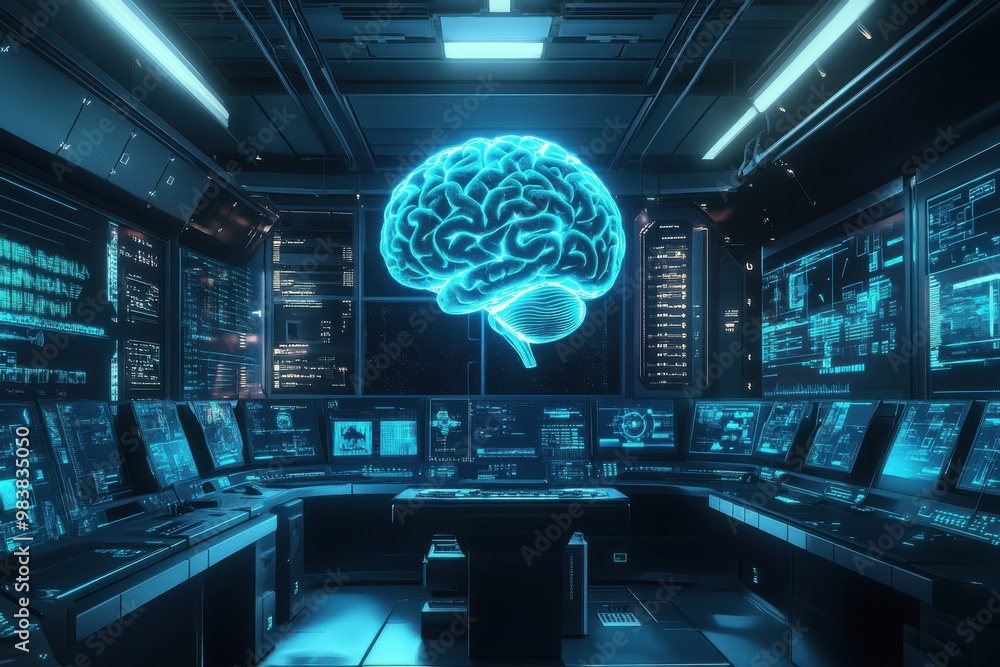 Poster a high-tech laboratory where a holographic brain strand is display platform