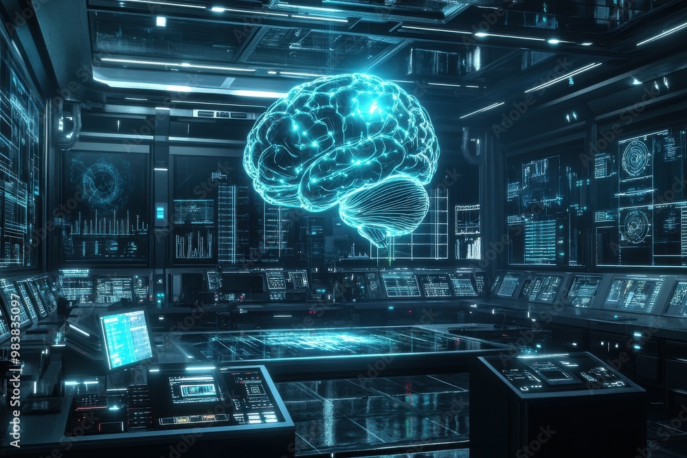 Aufkleber a high-tech laboratory where a holographic brain strand is display platform