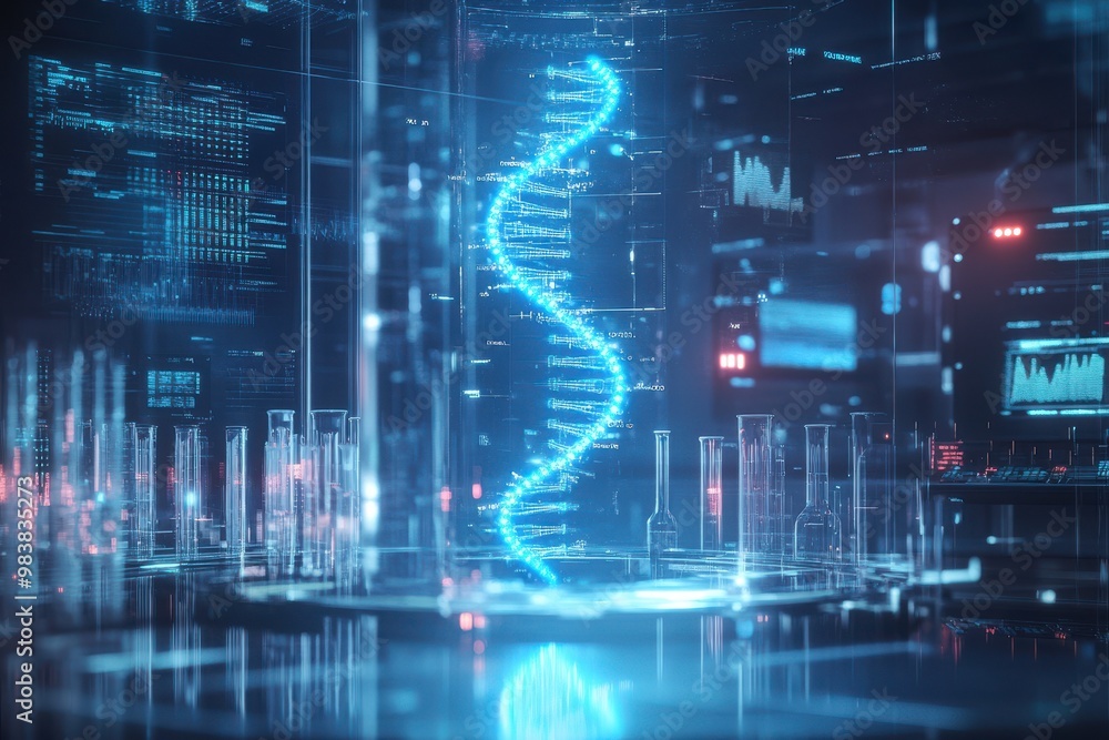 Poster a high-tech laboratory where a holographic dna strand is display platform