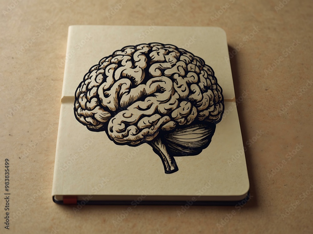Poster creative representation of a brain on a notebook, symbolizing knowledge and inspiration.