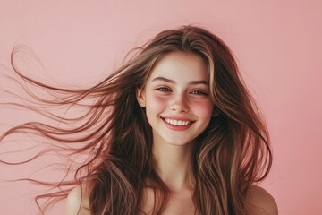 Naklejka premium A smiling young woman with long hair isolated on a pink background