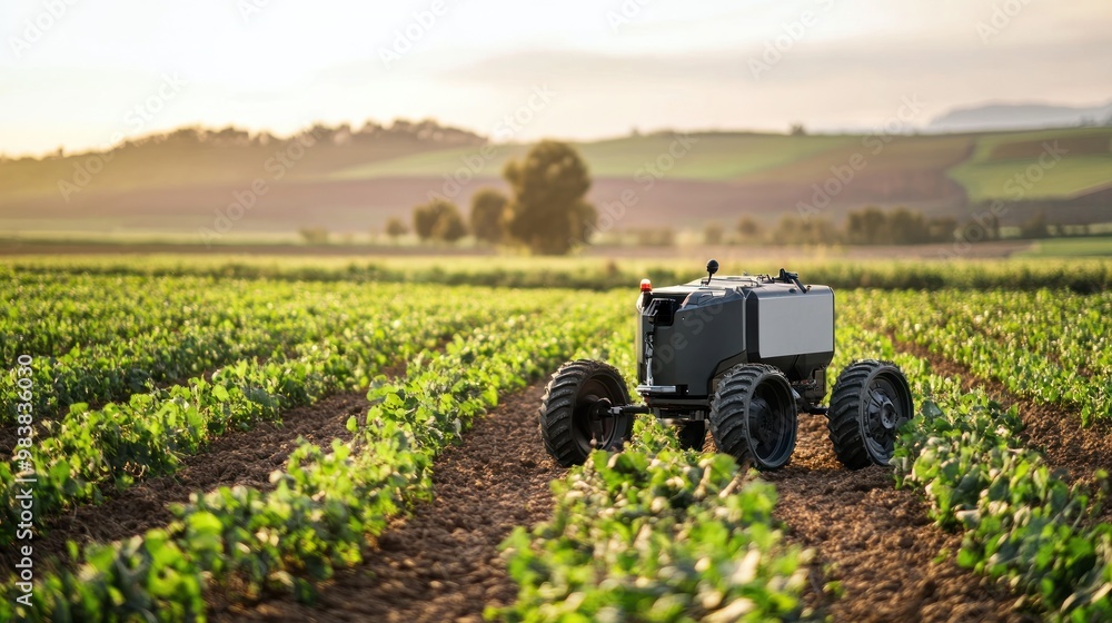 Aufkleber an agricultural robot autonomously navigating a field, equipped with sensors and cameras to monitor 