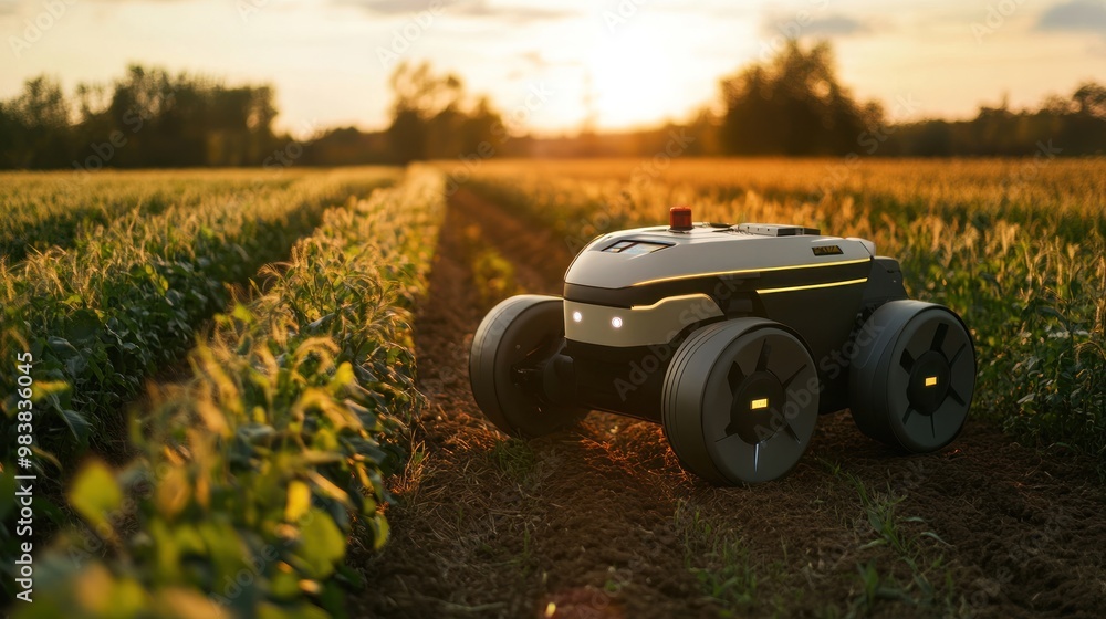 Aufkleber an agricultural robot autonomously navigating a field, equipped with sensors and cameras to monitor 