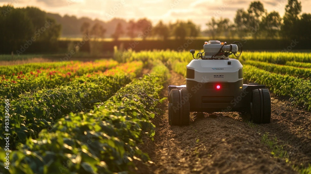 Aufkleber an agricultural robot autonomously navigating a field, equipped with sensors and cameras to monitor 
