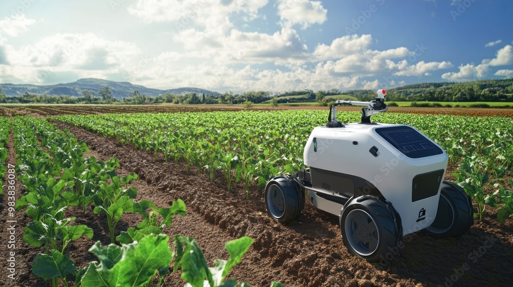 Aufkleber an agricultural robot autonomously navigating a field, equipped with sensors and cameras to monitor 