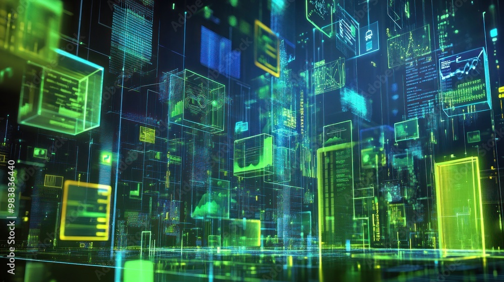 Poster an investor presentation with neon green and blue charts floating in mid-air, showing the potential 