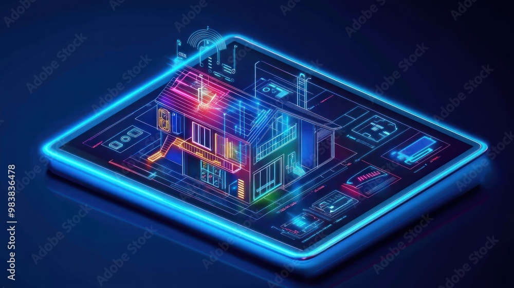 Poster an iot smart home dashboard on a tablet displaying control panels for various home devices, all illu