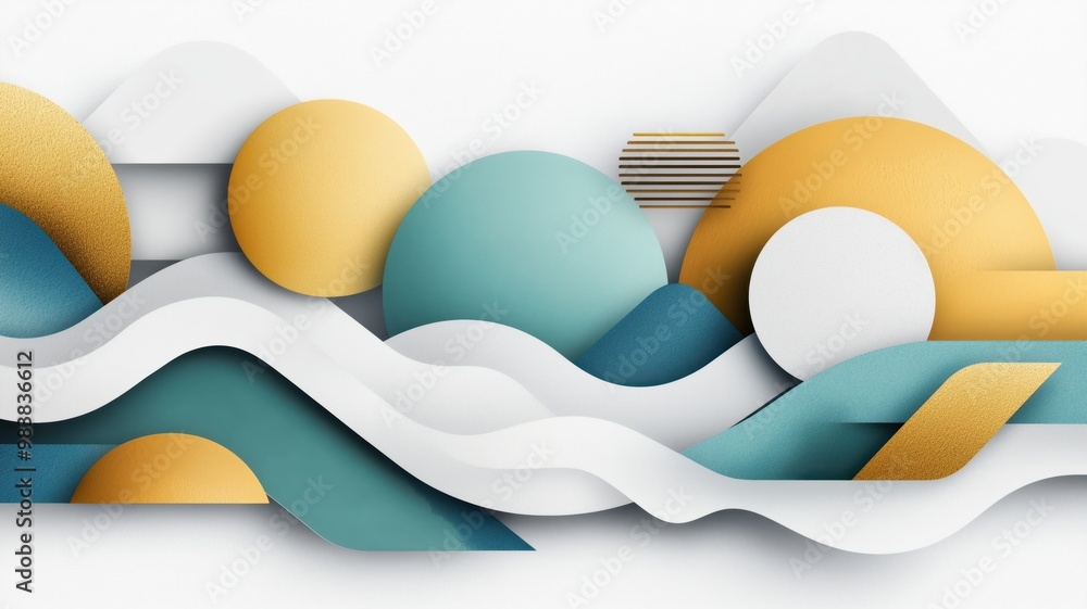 Poster a vibrant abstract composition featuring overlapping geometric shapes in pastel colors, creating a m