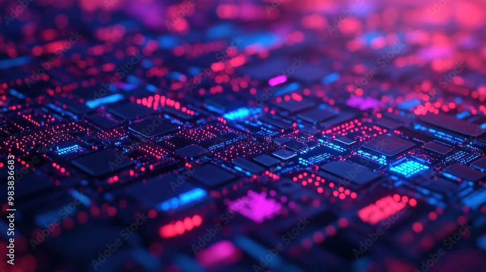 Poster a vibrant close-up of a circuit board showcasing colorful electronic components and intricate design