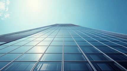 Low-angle shot of a modern skyscraper with glass windows reflecting the blue sky and clouds, symbolizing urban development and architecture.