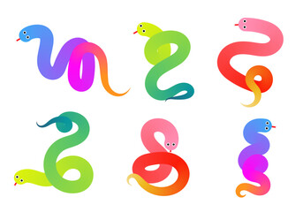 Trendy gradient snake collection. 3d icon set of cute funny snakes