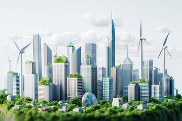 Modern eco-friendly city skyline with wind turbines, green buildings, and lush foliage promoting sustainable urban living.