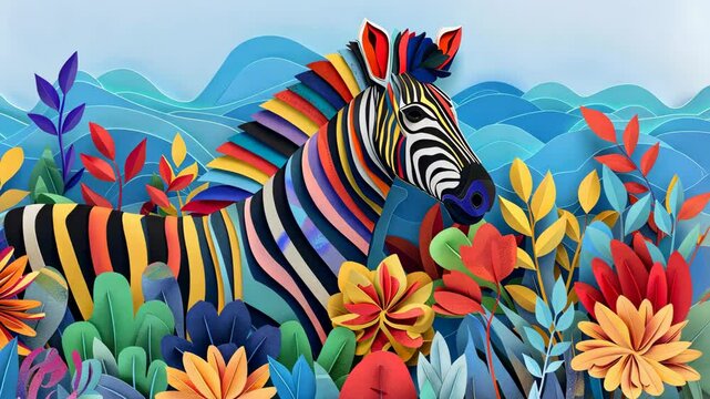 Colorful striped zebra surrounded by vibrant flowers and foliage in a bright paper art landscape