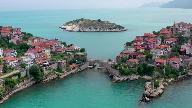 Beautiful cityscape on the mountains over Black-sea, Amasra. Amasra traditional Turkish architecture