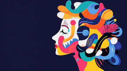 Fototapeta premium Colorful swirling ideas and symbols fill profile of womans head, showcasing creativity and imagination. This vibrant illustration captures essence of artistic expression and innovation