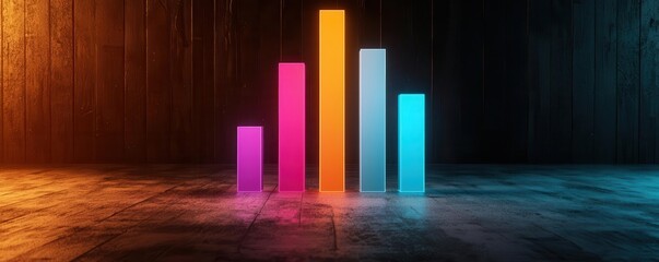 Neon financial graph with holographic elements, showing a bar chart glowing in retro 80s colors on a futuristic dashboard