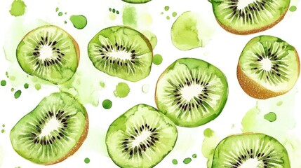 Fototapeta premium Seamless watercolor pattern featuring kiwi fruit Fruity backdrop