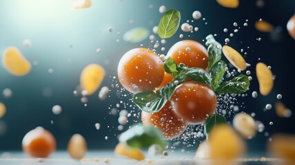 Vibrant tomatoes splashing amidst a blurred background, showcasing freshness and natural beauty in culinary arts.