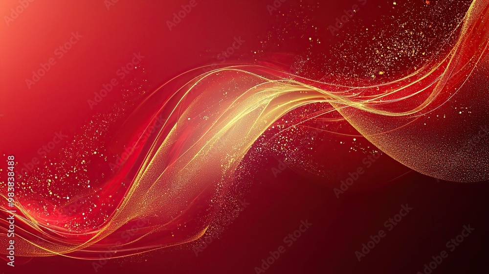 Poster abstract red and gold background with flowing lines and glitter.