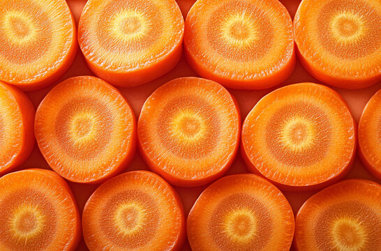 close up of sliced carrots arranged in an aesthetically pleasing pattern