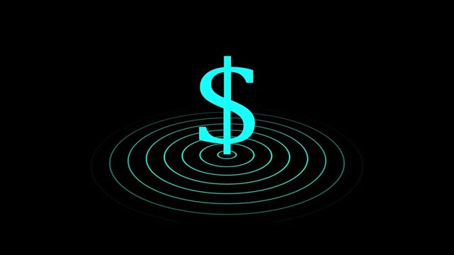 Dollar icon with radio wave signal animation on black background.