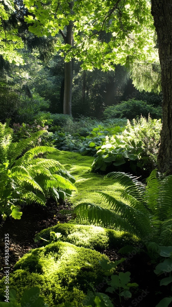 Poster Sunlight filters through trees illuminating the verdant ferns and moss in the garden