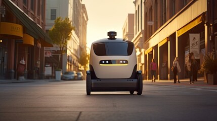 A robot courier delivering goods on wheels rides along a deserted city street. Unmanned logistics service technology.