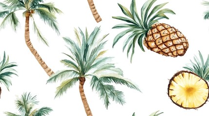 Seamless watercolor pattern featuring coconut palm trees and pineapples on a white background illustration