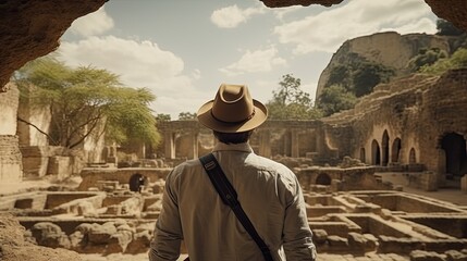 A male archaeologist stands in front of the excavations of an ancient civilization in the desert. A traveler adventurer has found a secret lost city.