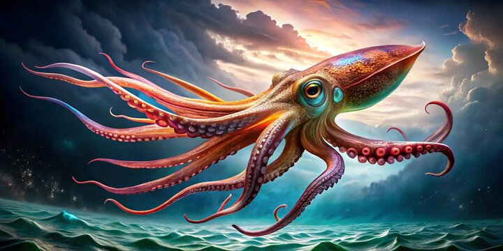 A Japanese flying squid bursts forth from the darkness, its iridescent body glowing in shades of violet and
