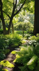 Fototapeta premium A peaceful woodland garden reveals lush ferns and mosses creating a serene atmosphere