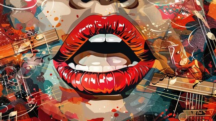 Creative collage of lips with music player elements, featuring vibrant colors and abstract shapes, perfect for modern digital art, music-themed designs, and bold artistic projects