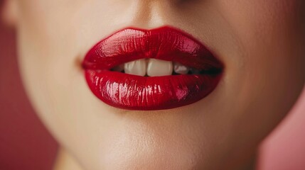 Fototapeta premium Close-up of sensual female lips with glossy red lipstick and pink lip gloss, highlighting natural beauty and lip care in stunning macro detail, perfect for skincare, cosmetic, and beauty product campa