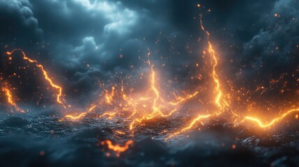 Fototapeta premium Abstract 3D lightning bolts striking the ground in a dark, metallic landscape.