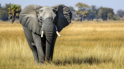 Fototapeta premium A majestic elephant standing proudly in its natural habitat, showcasing its impressive size and grandeur. The image captures the essence of strength, wisdom, 