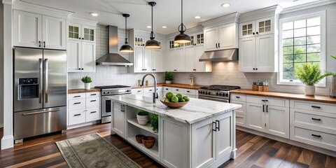A modern kitchen showcases white shaker-style cabinets with sleek matte black hardware, elevating the space with a