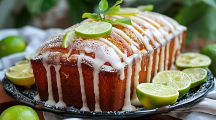 Quick recipe for an ancient lemon loaf cake on a platter with icing and lime sprigs