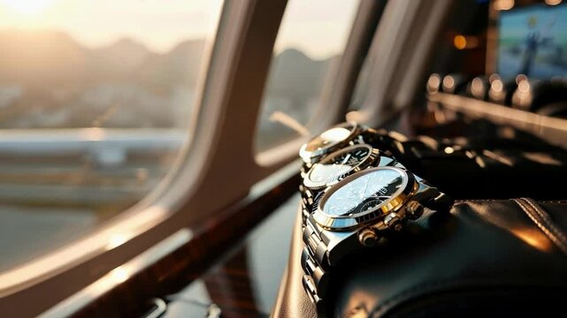 Three luxury wristwatches are lined up inside the cabin of a private jet, bathed in golden light from the setting sun, with a cityscape visible through the window