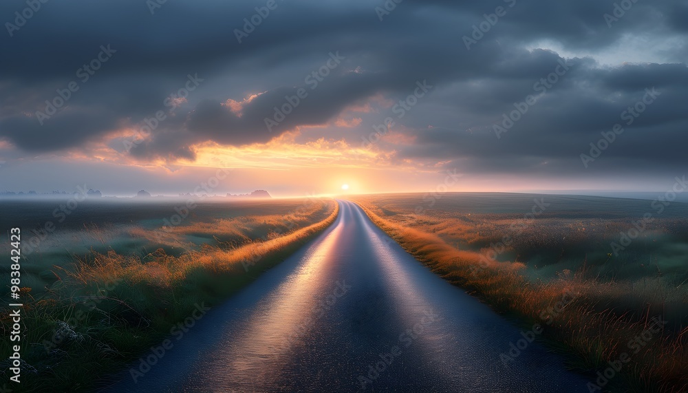 Wall mural Mesmerizing illuminated road with glowing lights extending towards a misty horizon beneath a moody sky