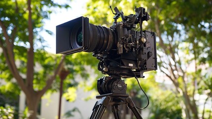 Vintage movie camera with classic reel design, capturing the essence of filmmaking and cinematography. The detailed close-up showcases the iconic elements of film production, symbolizing creativity, 